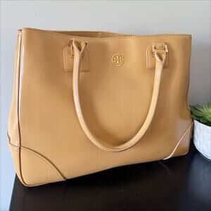 Tory Burch Robinson East West Tote Bag Tan Beige‎ Camel Leather Large EUC